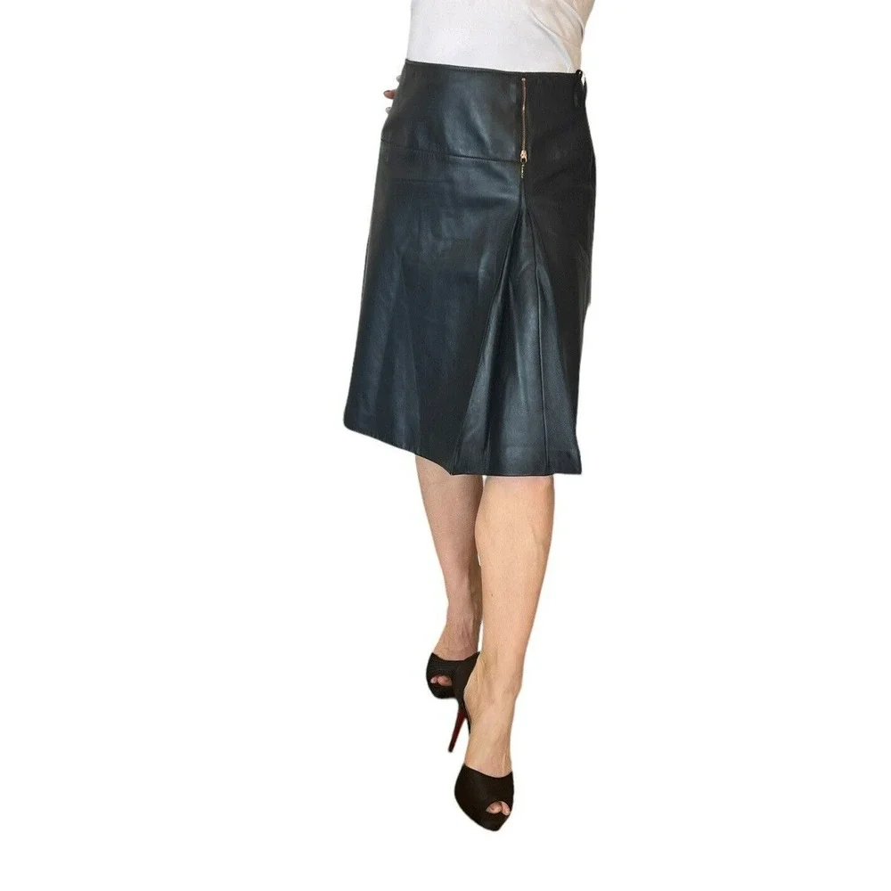 RENA LANGE BLACK LAMB NAPPA SKIN LEATHER A LINE PLEAT ZIPPER WOMEN'S SKIRT SZ 6